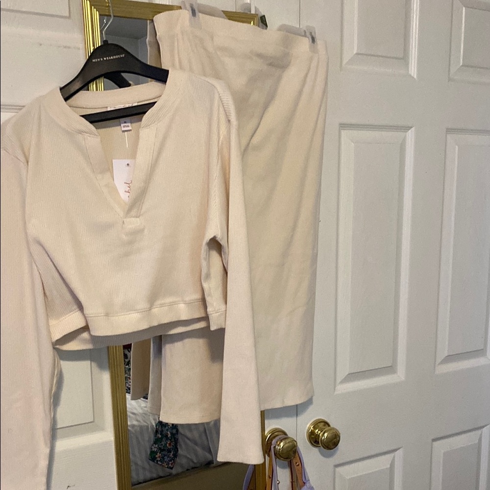Cream Long Sleeve Wrap Tee with Waist Tie